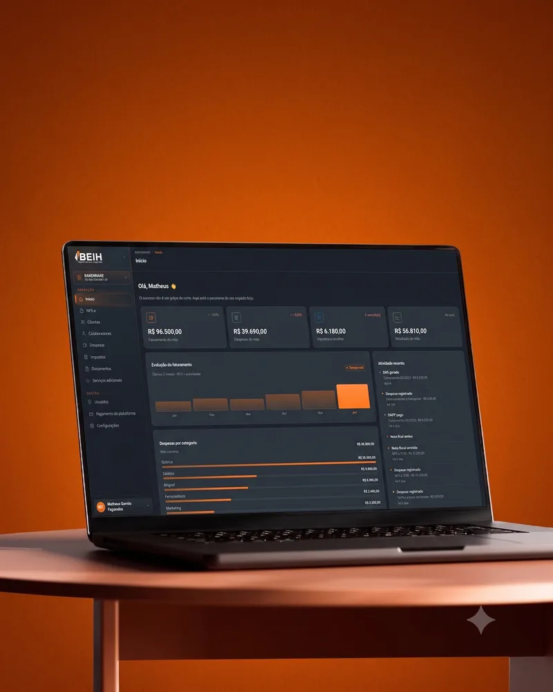 Notebook sobre uma mesa exibindo o painel financeiro da BEIH