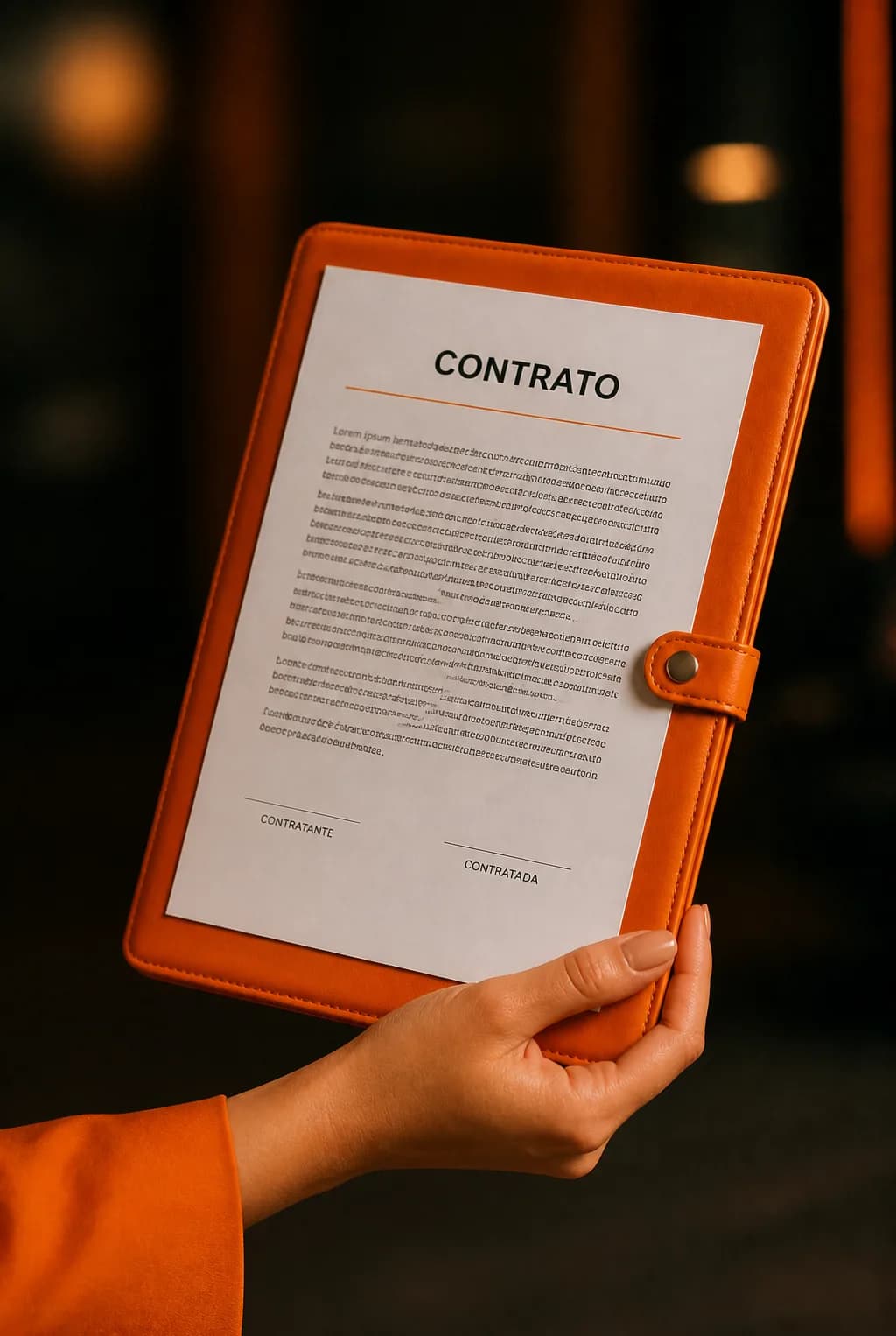 Mãos segurando uma prancheta laranja com um contrato impresso